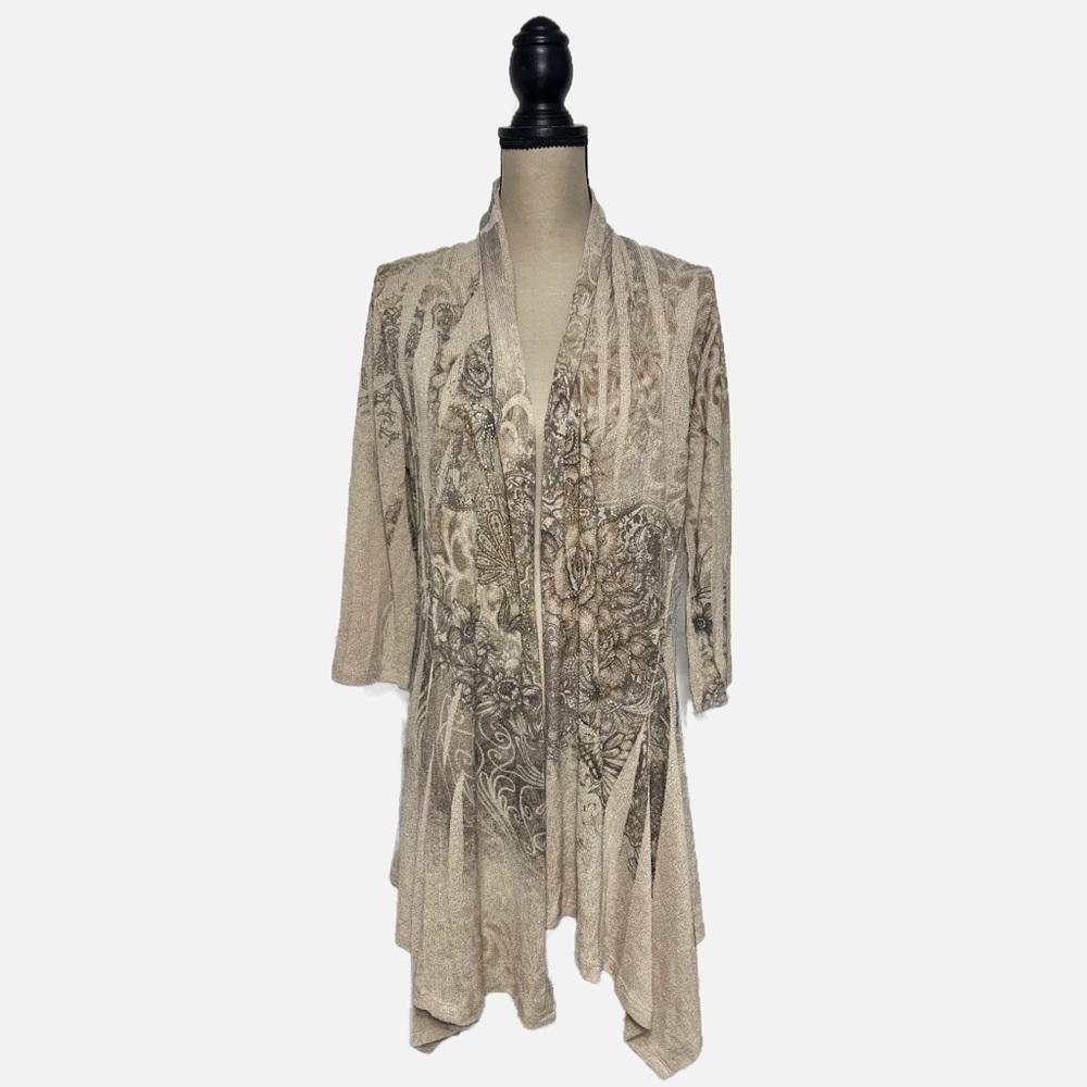 Studio Gem Q Waterfall Open Front Cardigan Size Medium Beige Print Top